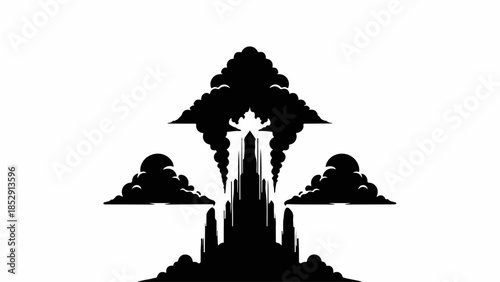 Mysterious dark silhouette of a grand, imposing castle emerging from swirling clouds, evoking fantasy and wonder.