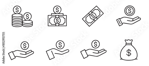 Financial symbols and icons depicting money, saving and investment in flat outline style