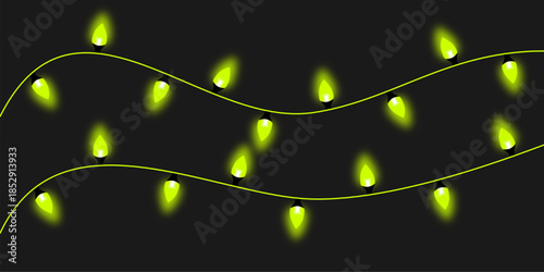 Vibrant green string lights glowing brightly on a dark background, creating a festive and decorative ambiance.
