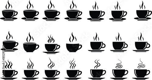 Set of 18 Different Black Silhouette Coffee Cups and Tea Mugs Icon Collection With Steaming Hot Beverage Vector Graphics Caffeine Drink Symbols Espresso Cappuccino Breakfast Morning Menu Design Eleme