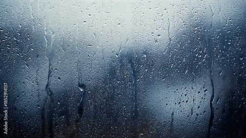 A close-up image portrays a wet window with numerous water droplets and streaks. The glass surface exhibits varying shades of blue, conveying a somber, rainy mood