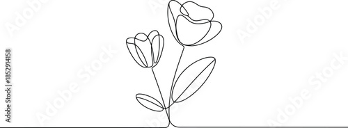 A continuous line drawing portrays two blooming flowers with stems and leaves