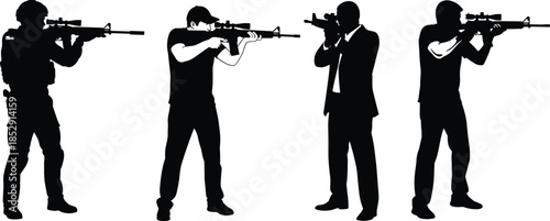 Set of armed men silhouettes aiming rifles, tactical shooting poses showing military, security, and law enforcement action figures isolated on white