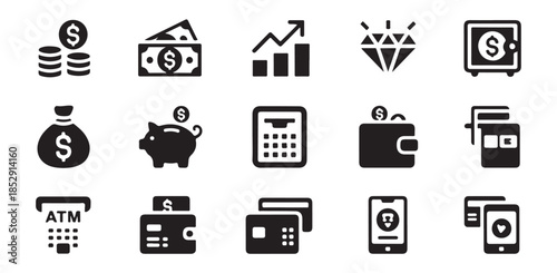 Finance and business icons including coins, cash, bag, charts, diamond, safe, ATM, cards and mobile payment