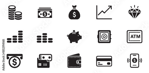 Money and finance icons set with coins, cash, bag, growth chart, diamond, safe, ATM, cards and mobile phone