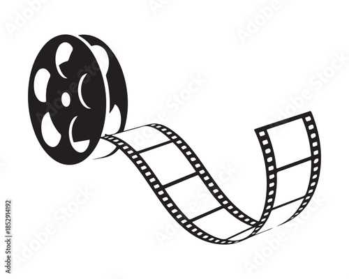 Film reel icon with filmstrip isolated on white background symbol of filmmaking production