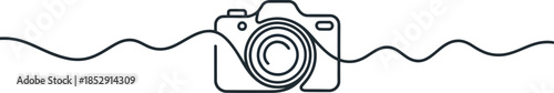 A continuous line drawing shows a modern digital camera with a wavy line indicating motion or creativity