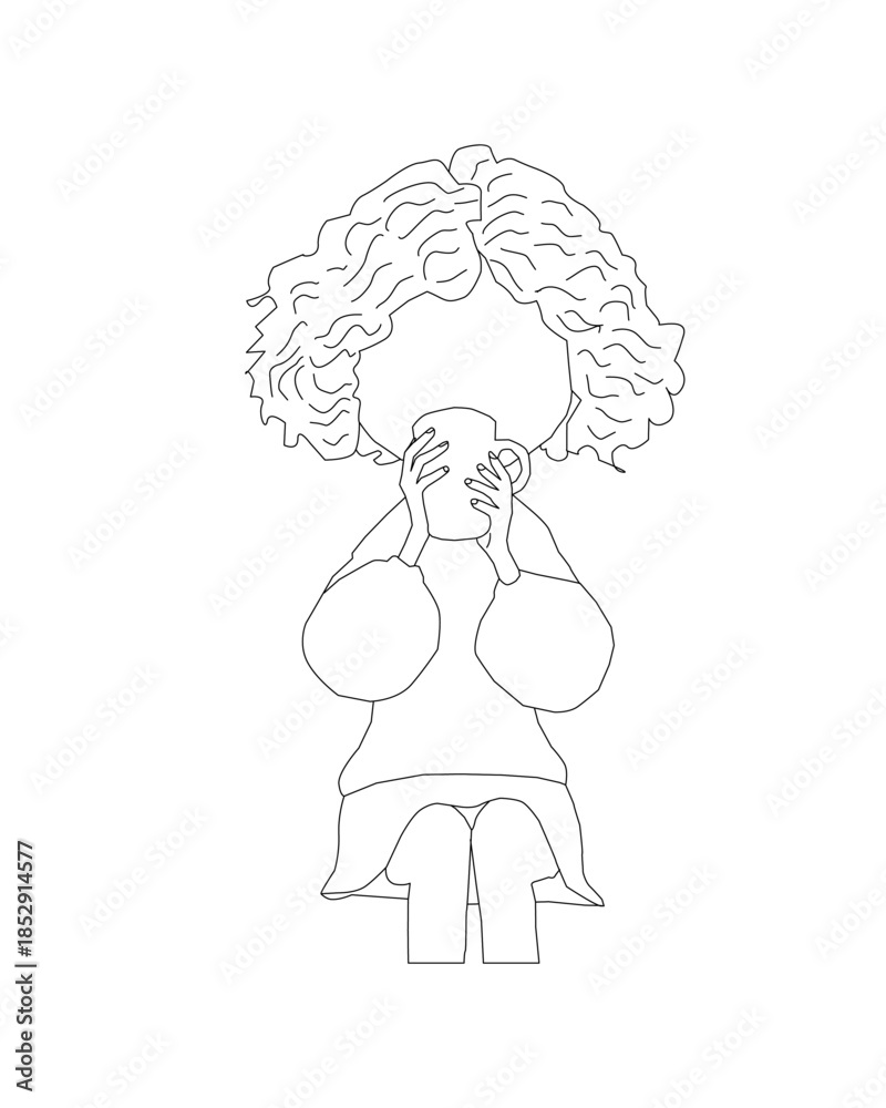 Fototapeta premium Faceless Woman Drinking Coffee Line Art Illustration. Minimal Female Outline Holding Mug. Faceless Woman Drinking Coffee Line Art. Female Outline Illustration Holding Mug. Simple lifestyle drawing.