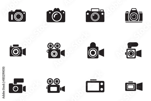 Camera icon set, photo camera photography sign, video recording device symbol collection