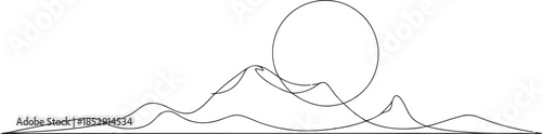 A continuous line drawing shows majestic mountains with the sun above them