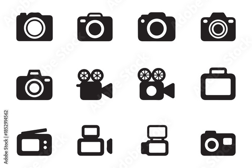 Camera icon set black and white flat simple style digital photography or videography equipment