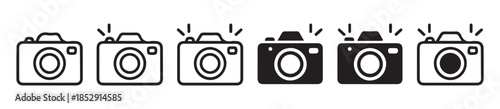 Camera icons with flash outline and solid styles for photography and multimedia design