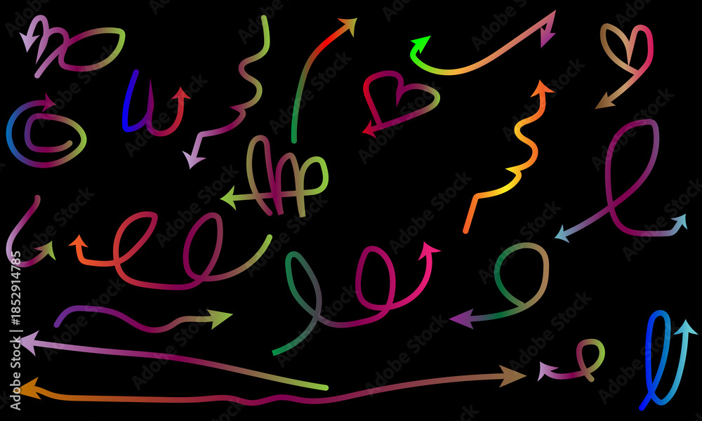 Obraz premium Colorful gradient arrows and shapes on black background abstract