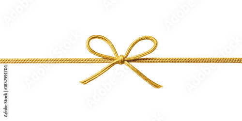 Golden rope string with knotted bow in corner against white or transparent background.