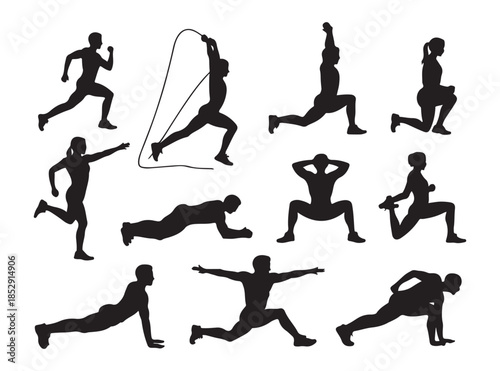 Silhouettes of men and women performing diverse fitness exercises and stretches