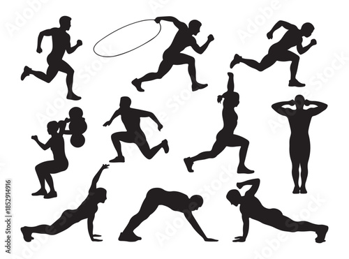 Various silhouette illustrations of people exercising and performing fitness activities for active lifestyle and sport concept