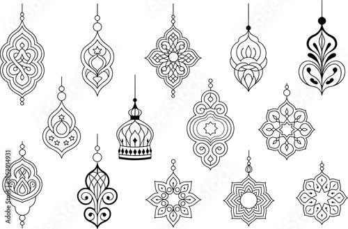 Intricate black line art collection of geometric and arabesque hanging ornaments
