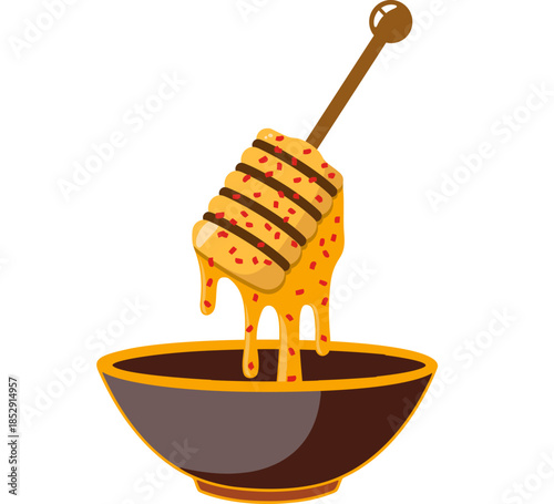 A delightful honey dipper dripping golden nectar into a rustic bowl, perfect for food blogs and sweet recipes