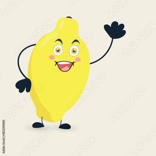 Happy Lemon Cartoon Character Waving Hand. Cute fruit mascot design perfect for kids projects, food branding, packaging, stickers