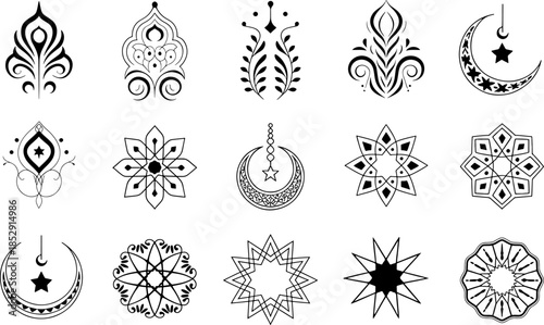 A collection of black vector tattoo stencils featuring geometric and islamic motifs
