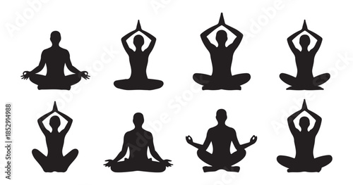 Silhouette set of people meditating in lotus pose and other yoga positions for wellness and balance.