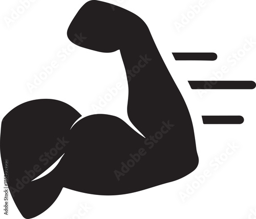 Muscle arm flexing with speed lines, strength workout and fitness icon silhouette, vector EPS