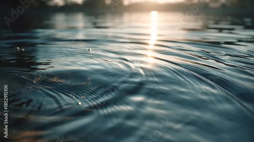 Dynamic close-up of tranquil water with subtle ripples catching the golden hour sunlight, creating a beautiful, reflective liquid surface, highlighting nature's serene patterns