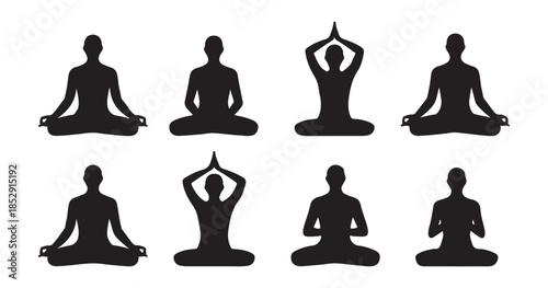 Diverse yoga poses and meditation silhouettes for fitness and mental well-being on white background.