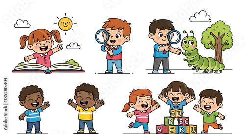 Happy children exploring learning with magnifying glasses and book on sunny day