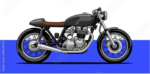 Detailed illustration of a black motorcycle with brown leather seat and chrome exhaust pipe on blue and white background