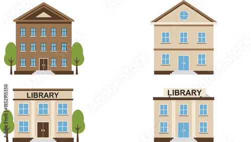 Set of flat vector library building icons isolated on white background featuring academic university architecture school facades and city public education structures