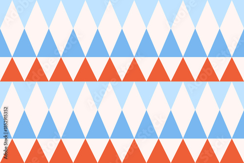 Endless repeating geometric seamless pattern of diamonds and triangles in blue and red. Festive retro vector background in harlequin style for wrapping paper, covers, packaging, and fabric.