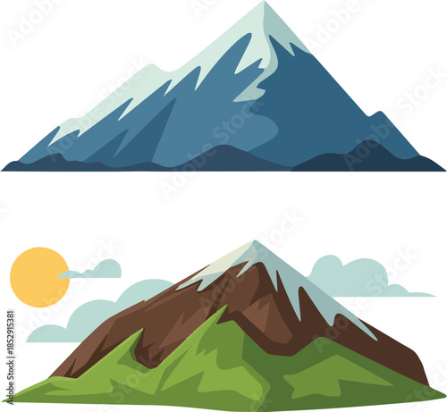 Cartoon mountain and hill with snow range. Flat peak for logo and nature landscape. Snowy cliff and rocky element for travel sport and adventure concept. Tourism and hiking isolated vector set