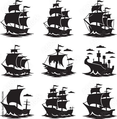 Collection of vintage sailing ships and ancient boats illustration
