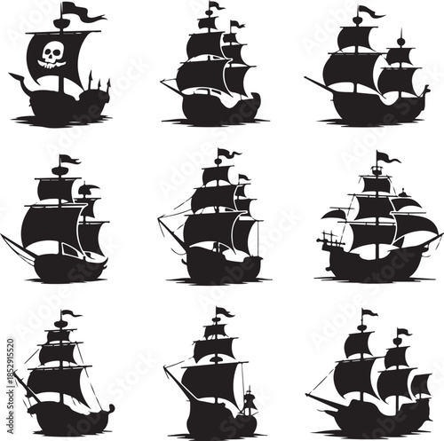 Nine vintage pirate sailing ships collection isolated illustration