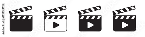 Clapperboard set film production sign vector icon. Video clapperboard play button symbol illustration