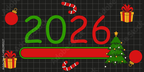 Playful 2026 Happy New Year banner template design. Vector hand drawn Christmas elements on black checkered background with 2026 number power line.