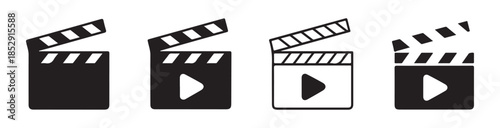 Clapperboard set film production sign vector icon. Video clapperboard play button symbol illustration