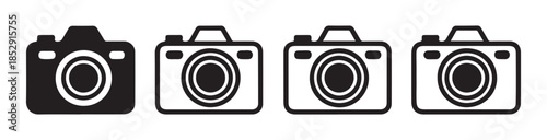 Set of four photography camera icons with lens details isolated on white background