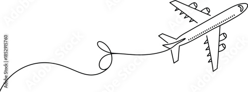A passenger airplane is gracefully depicted in a fluid single continuous line drawing on a white background