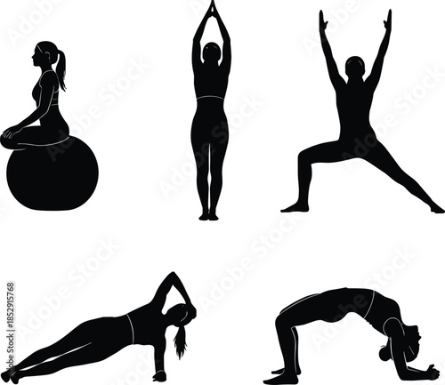 Set of black silhouettes showing woman practicing yoga poses and fitness exercises isolated on white background for wellness and sport design