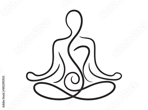 Abstract meditation figure logo in black outline on white background spiritual serenity zen calm symbol