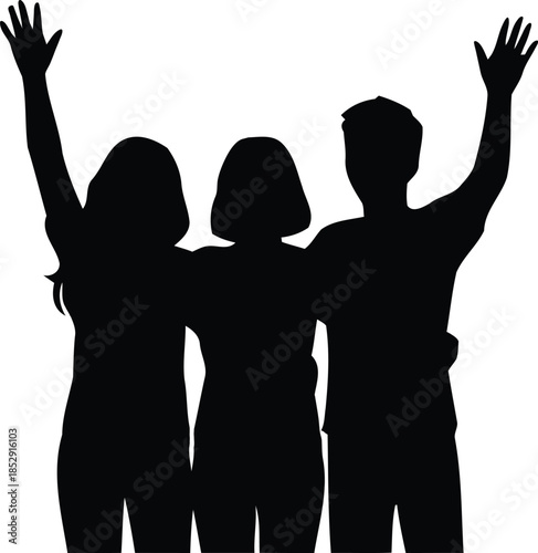 Four friends celebrating success together with raised hands and joyful gestures,  group, friends, success