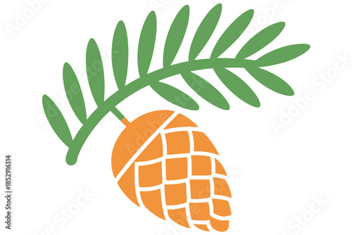 A stylized pinecone hangs from a green branch against a white background.