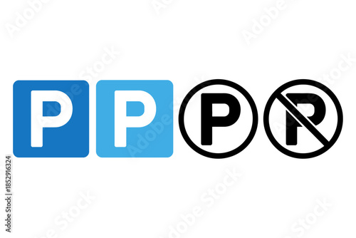 Parking symbols indicate allowed and prohibited parking areas.