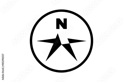 A black and white graphic symbol of a compass rose with a star pointing north.