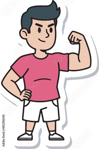 A confident cartoon boy flexing his arm muscle with a smile on his face indoors.