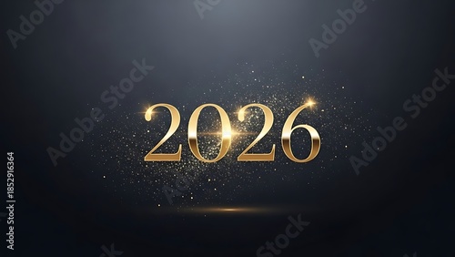 Shining gold 2026 text with sparkling particles on dark background