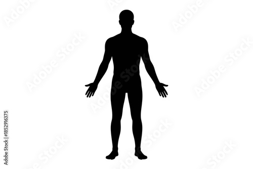Silhouette of a person standing with arms outstretched against a white background.