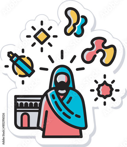 A woman wearing a pink dress and blue shawl stands in front of an architectural building with various colorful objects floating above her head.